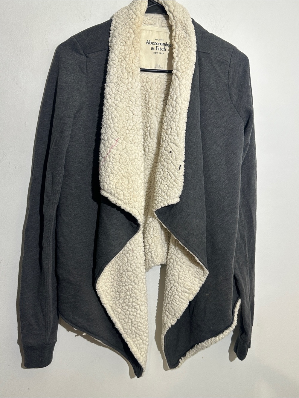 Abercrombie & Fitch Charcoal Gray Cardigan with Cream Sherpa Trim